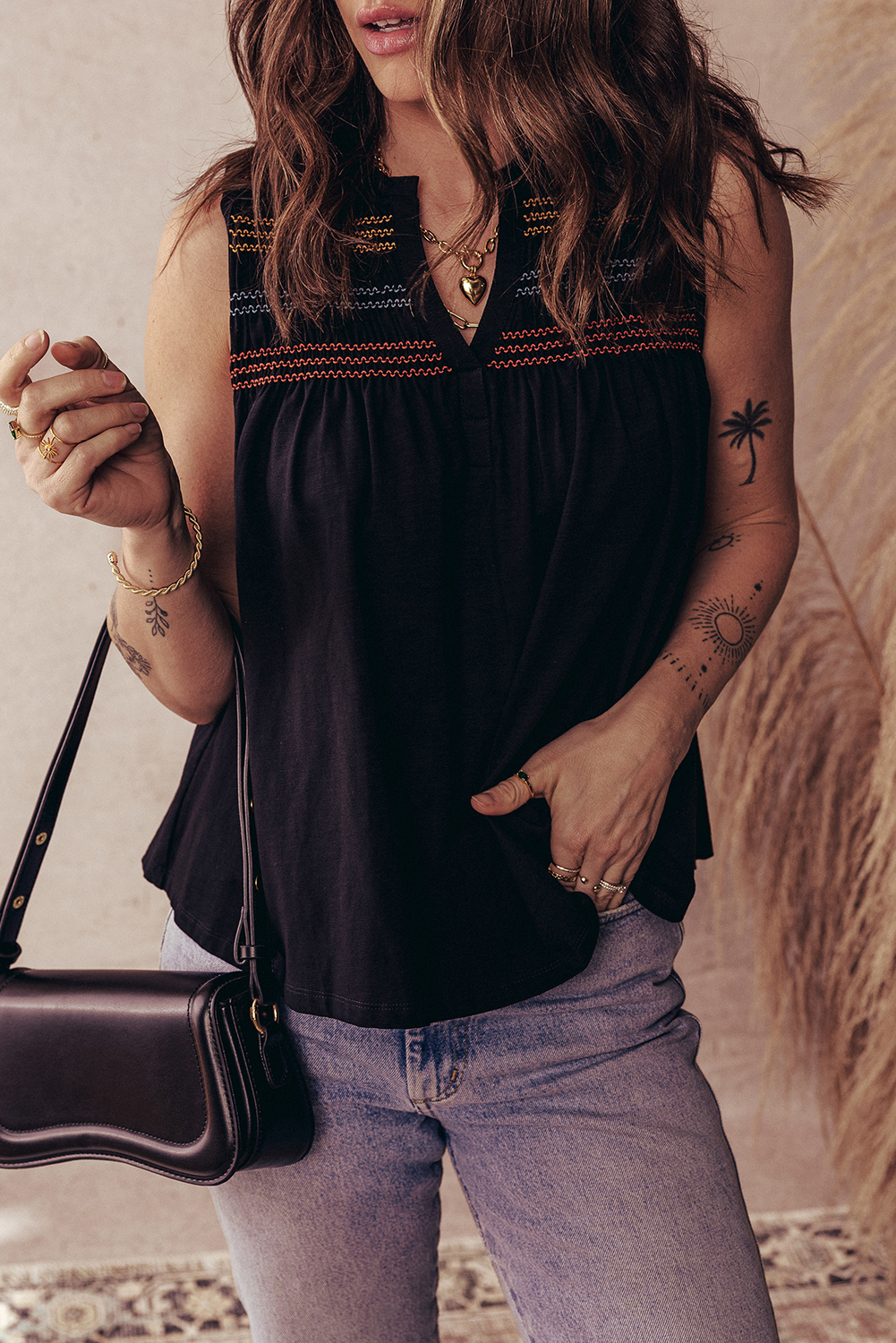 Women's Black Colorful Shirred Yoke Notched V Neck Tank Top for Summer - Detail View 9 Women's Black Colorful Shirred Yoke Notched V Neck Tank Top for Summer - Detail View 9