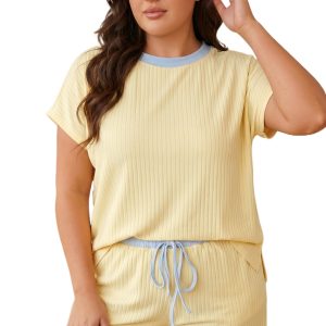 Women's Plus Size Ribbed Shorts Set – Yellow Cream Color Block 2 Piece Outfit for Summer Daily Wear - Main View
