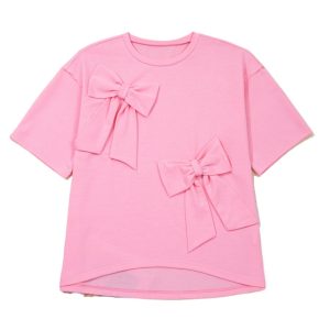 Women's Pink Bow Detail T-Shirt – Casual Half Sleeve Round Neck Shift Top - Main View