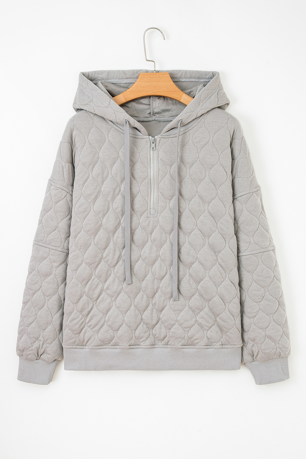 Women's Casual Gray Padded Hoodie – Quilted Quarter Zip Design for Everyday Comfort - Detail View 5 Women's Casual Gray Padded Hoodie – Quilted Quarter Zip Design for Everyday Comfort - Detail View 5
