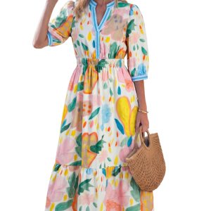 Women's Multicolour Floral Doodle Print Midi Dress – V Neck Half Sleeve A-Line Summer Dress with Pockets - Main View