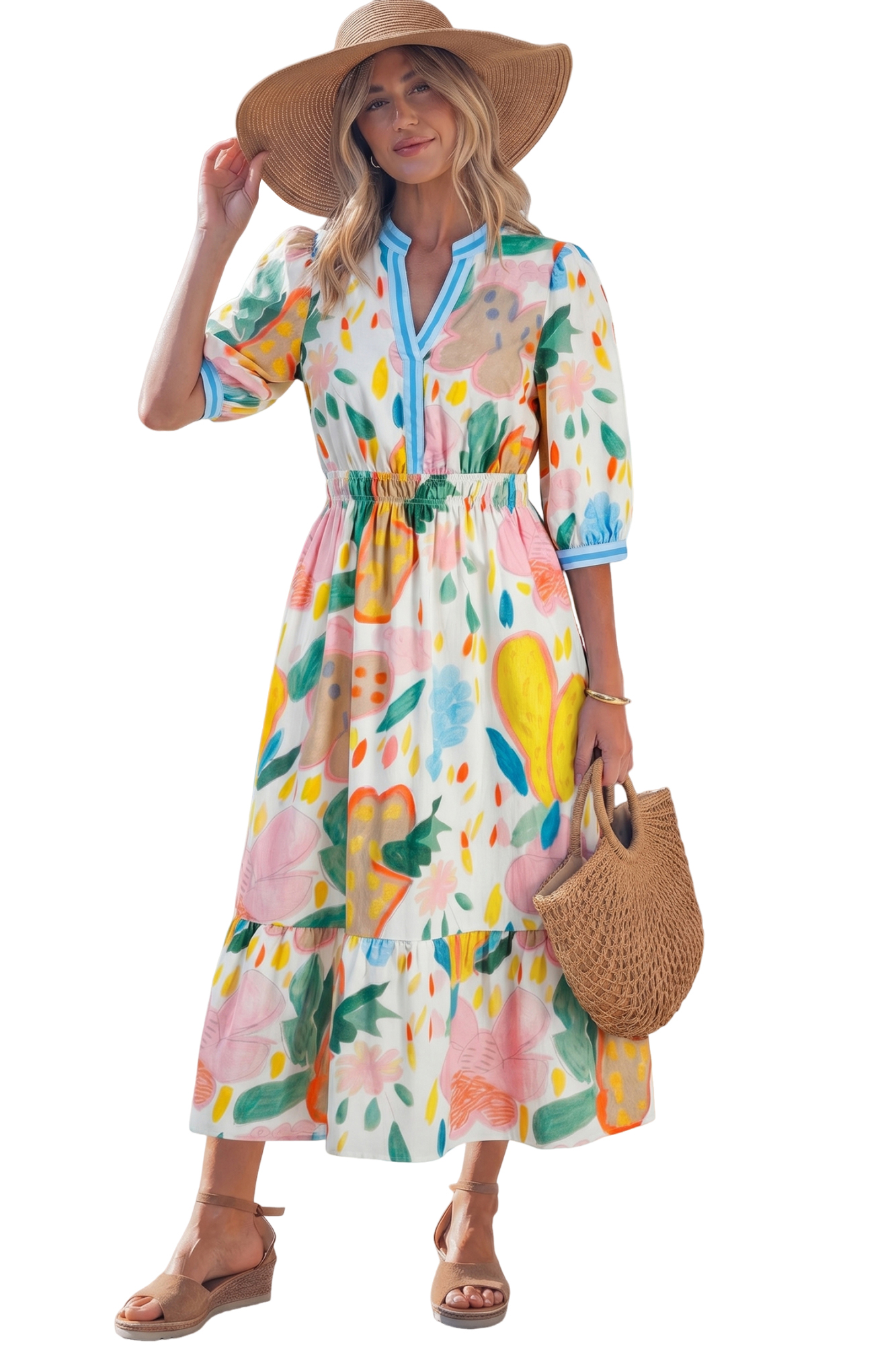 Women's Multicolour Floral Doodle Print Midi Dress – V Neck Half Sleeve A-Line Summer Dress with Pockets - Main View Women's Multicolour Floral Doodle Print Midi Dress – V Neck Half Sleeve A-Line Summer Dress with Pockets - Main View