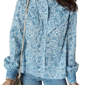Sky Blue All Over Floral Puff Sleeve Shirt for Women - Elegant Daily Wear - Main View