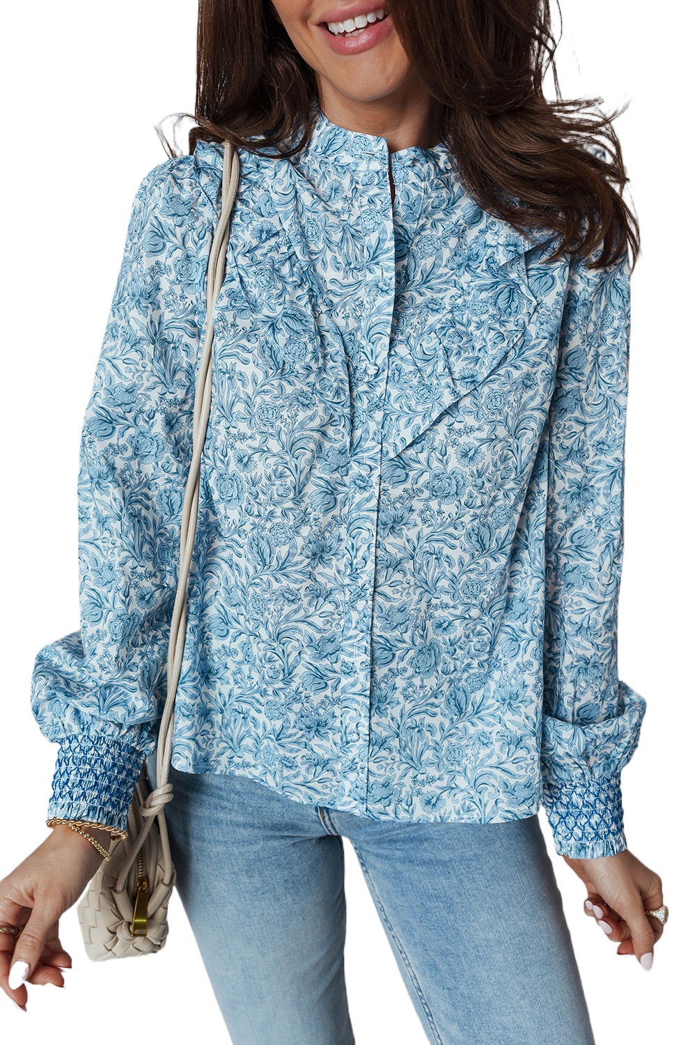 Sky Blue All Over Floral Puff Sleeve Shirt for Women - Elegant Daily Wear - Main View Sky Blue All Over Floral Puff Sleeve Shirt for Women - Elegant Daily Wear - Main View