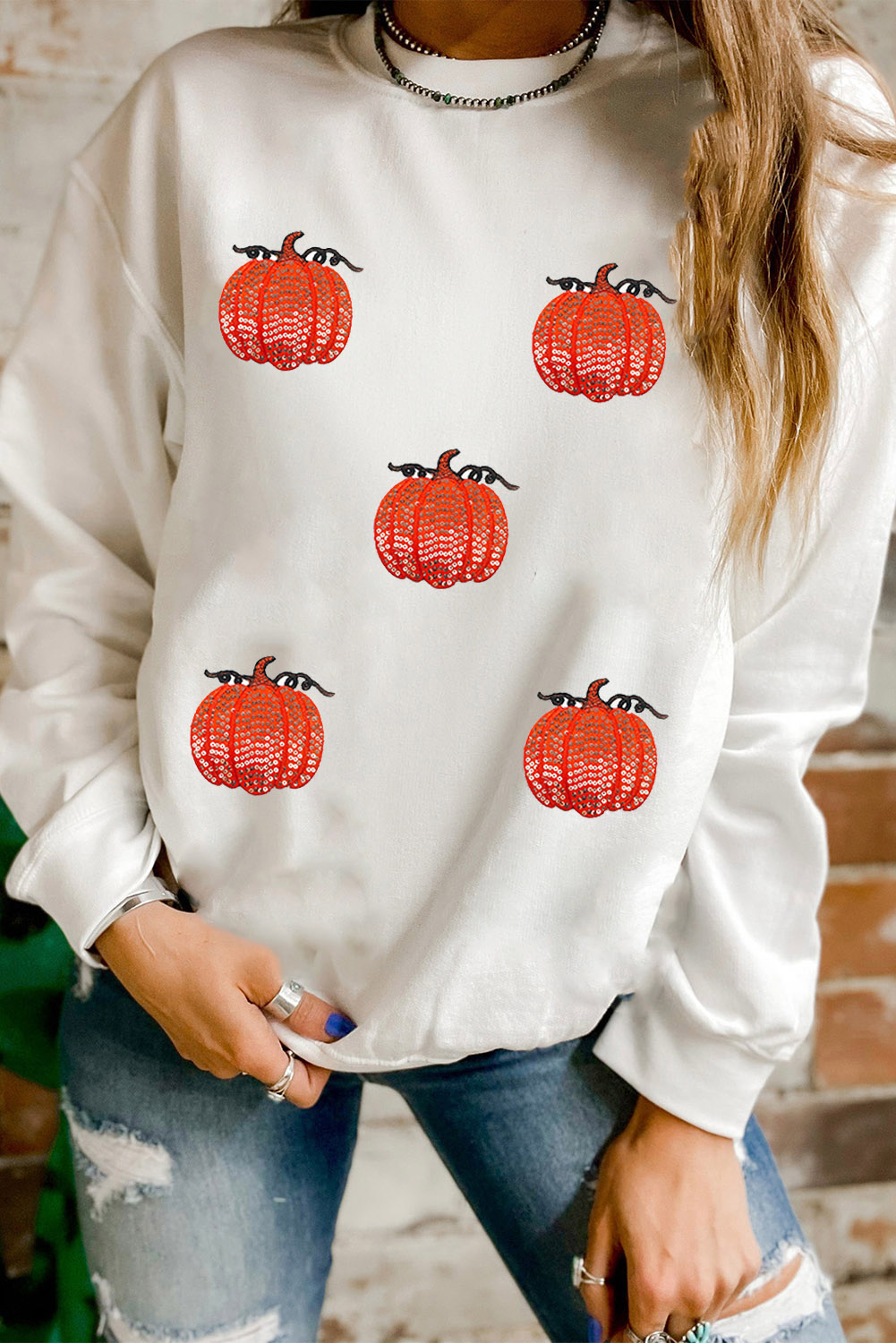 Trendy Long Sleeve Round Neck Sweatshirt with Pumpkin Design - Ideal for Daily Wear - Detail View 3 Trendy Long Sleeve Round Neck Sweatshirt with Pumpkin Design - Ideal for Daily Wear - Detail View 3