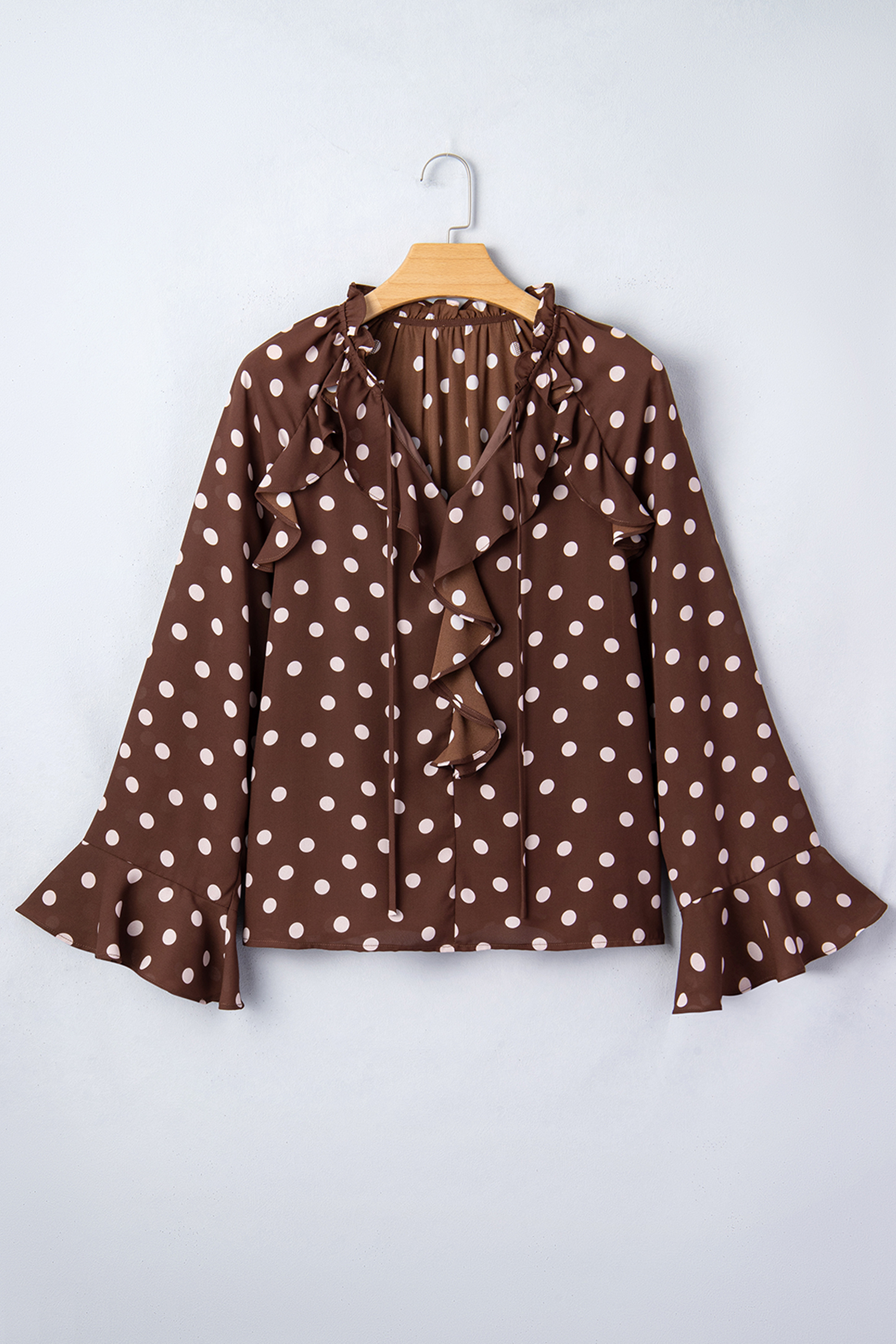 Elegant Women's V Neck Polka Dot Blouse – Coffee Print Ruffle Trim Long Sleeve Top for Spring - Detail View 6 Elegant Women's V Neck Polka Dot Blouse – Coffee Print Ruffle Trim Long Sleeve Top for Spring - Detail View 6