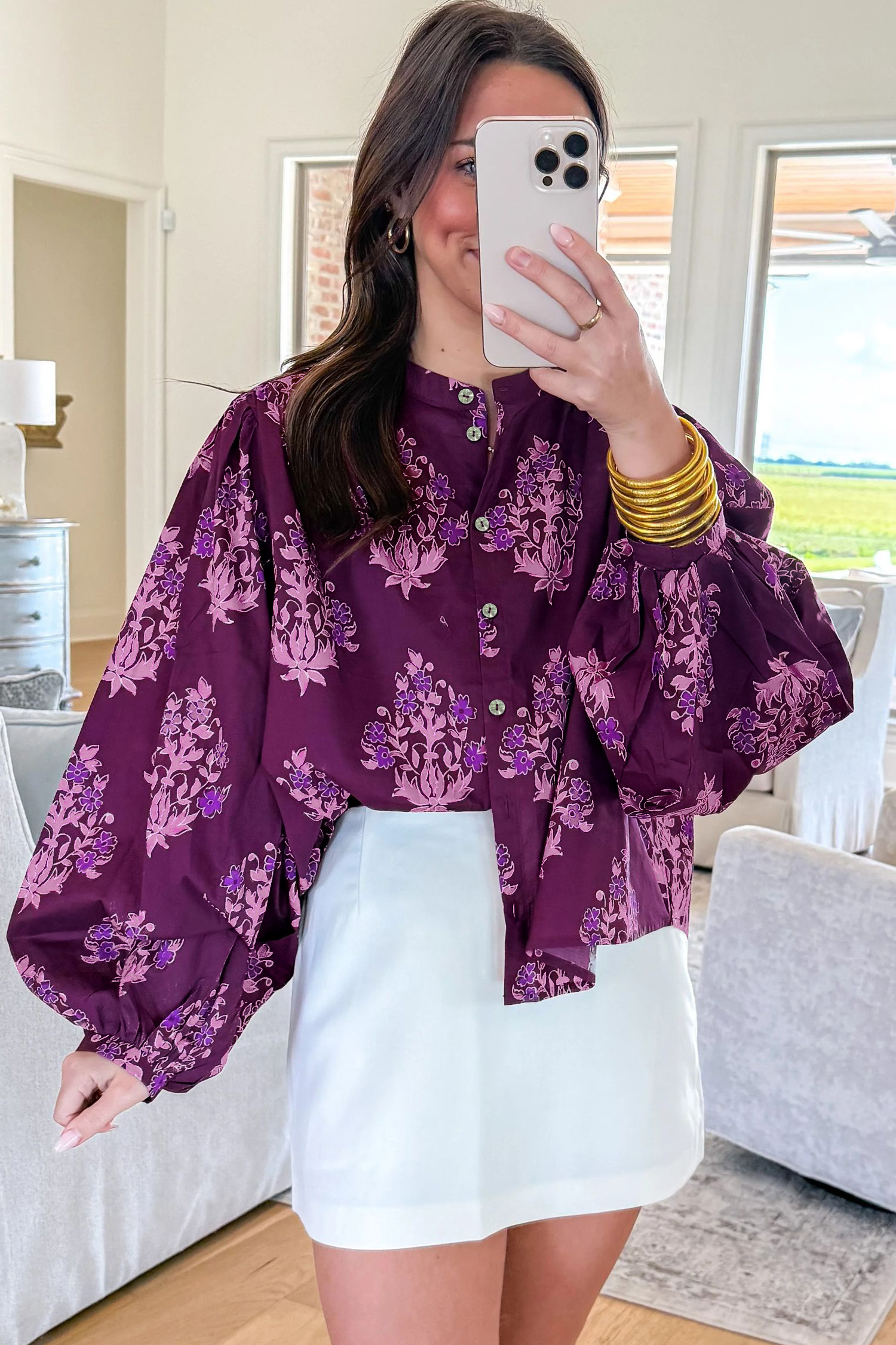 100% Cotton Women's Floral Shirt – Purple Puff Sleeve Gift - Detail View 6 100% Cotton Women's Floral Shirt – Purple Puff Sleeve Gift - Detail View 6