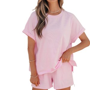 Women's Pink Striped Matching Set – Oversized Tee and High Waist Drawstring Shorts - Main View