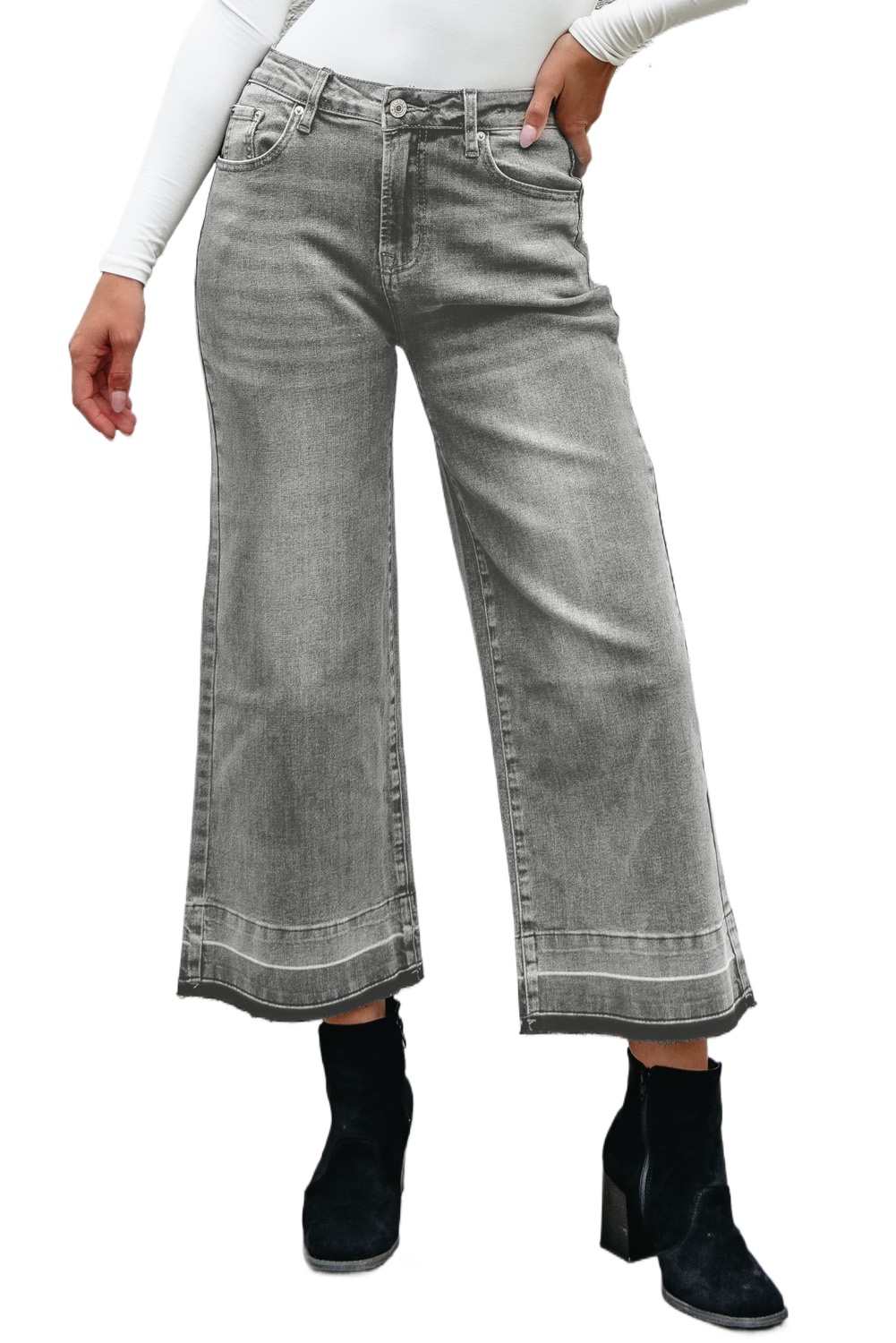 Casual Women's Gray Raw Hem Straight Leg Jeans – Versatile High Waist Design for Everyday Wear - Main View Casual Women's Gray Raw Hem Straight Leg Jeans – Versatile High Waist Design for Everyday Wear - Main View