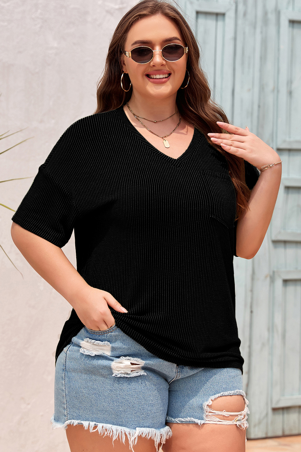 Casual Black V-Neck Plus T-Shirt for Women – Perfect for Summer Outings and Daily Activities - Detail View 3 Casual Black V-Neck Plus T-Shirt for Women – Perfect for Summer Outings and Daily Activities - Detail View 3