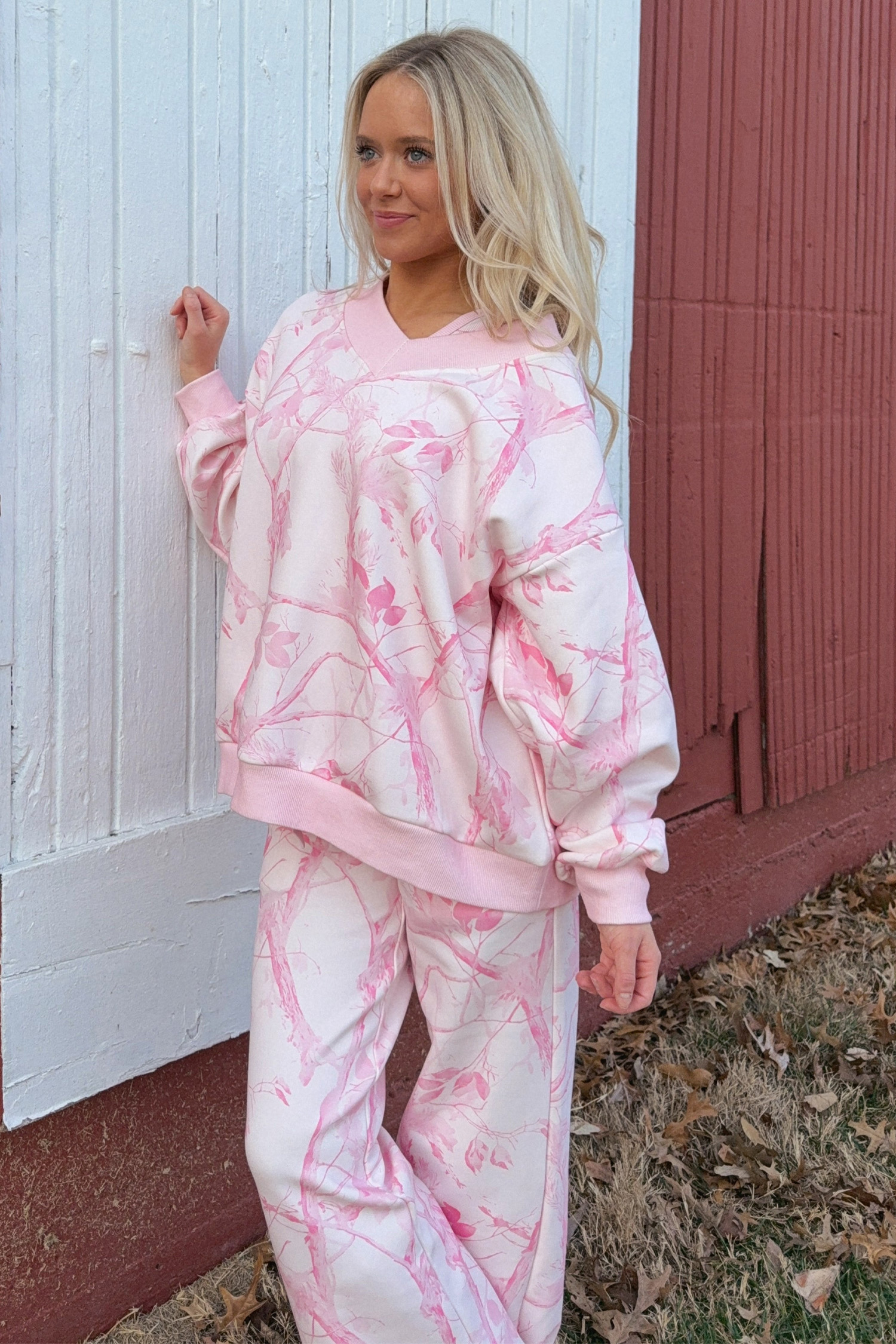 Pink Abstract Print Lounge Set, V Neck Long Sleeve Pant Duo - Detail View 5 Pink Abstract Print Lounge Set, V Neck Long Sleeve Pant Duo - Detail View 5