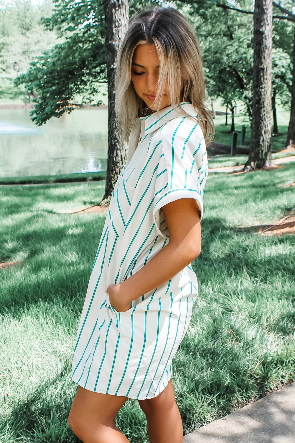 Casual and Trendy Mint Green Striped Mini Dress with Button Design - Detail View 2 Casual and Trendy Mint Green Striped Mini Dress with Button Design - Detail View 2