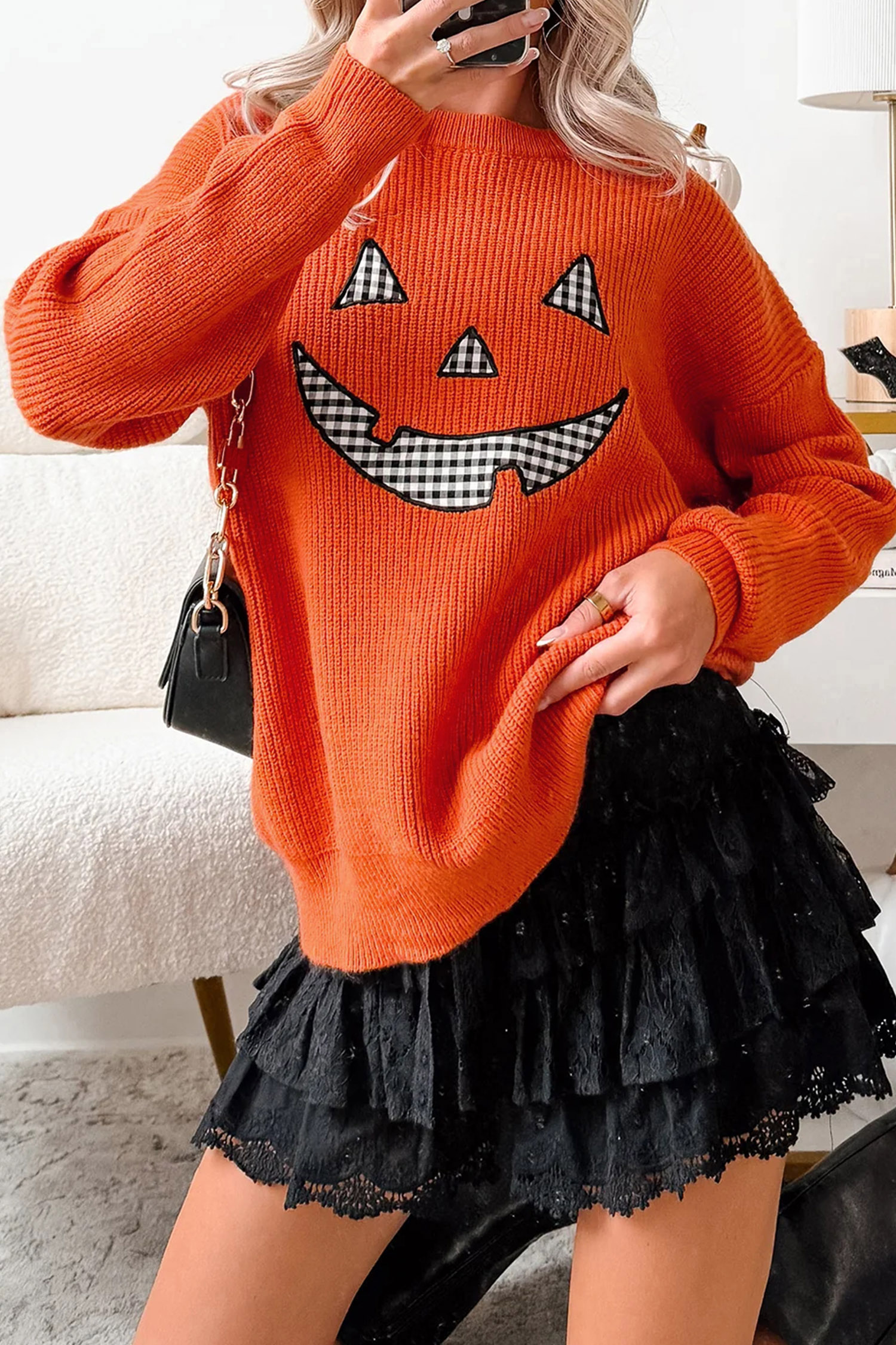 Women's Round Neck Fall Sweater, Cozy Orange Holiday Knit - Detail View 6 Women's Round Neck Fall Sweater, Cozy Orange Holiday Knit - Detail View 6