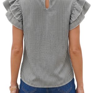 Women's Stripe Ruffle Sleeve Blouse – Casual Summer Top - Main View