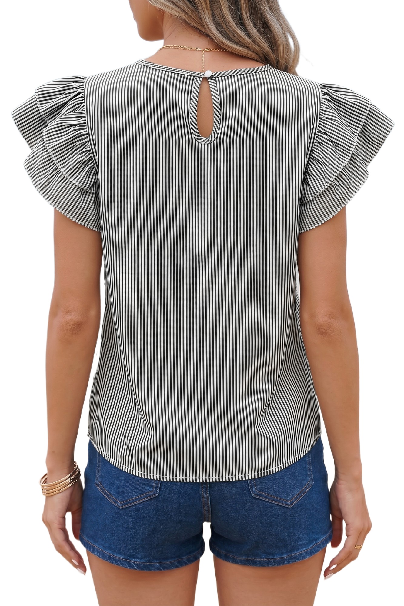 Women's Stripe Ruffle Sleeve Blouse – Casual Summer Top - Main View Women's Stripe Ruffle Sleeve Blouse – Casual Summer Top - Main View