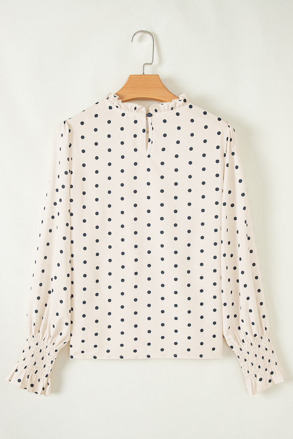 Women's Blouse, Apricot Color, Polka Dot Print, Frilled Collar, Lantern Sleeves, Elegant Style, Lightweight Fabric, Comfortable, Daily Wear, Spring Fashion, Shift Silhouette, Trendy Design, Tops & Shirts - Detail View 8 Women's Blouse, Apricot Color, Polka Dot Print, Frilled Collar, Lantern Sleeves, Elegant Style, Lightweight Fabric, Comfortable, Daily Wear, Spring Fashion, Shift Silhouette, Trendy Design, Tops & Shirts - Detail View 8