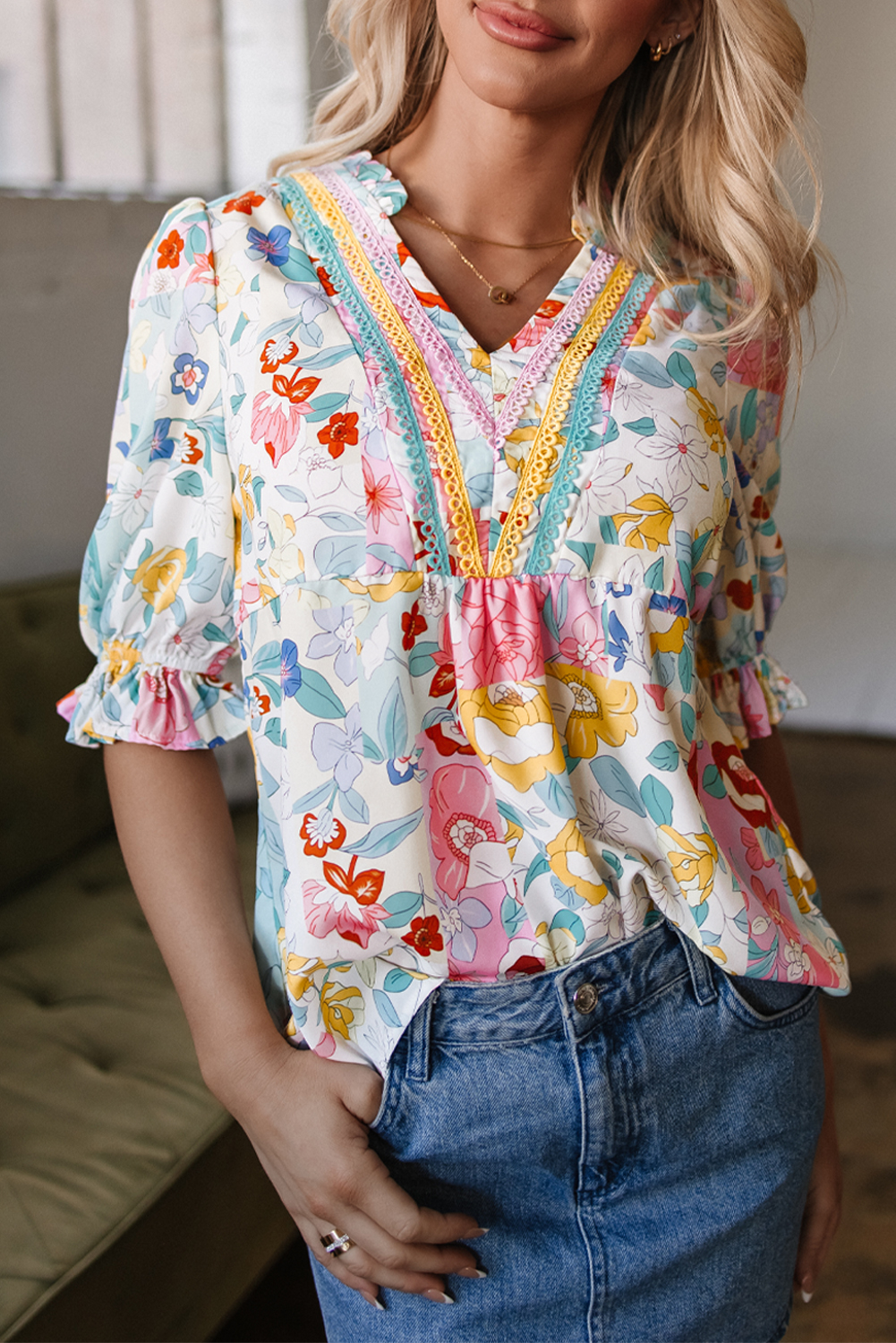 Women's Blouse, Pink Floral Print, Half Puff Sleeve, V Neck, Casual Style, Summer Wear, Lightweight Fabric, Breathable Design, Unique Feminine Look, Frilled Details, Tops, Blouses & Shirts - Detail View 8 Women's Blouse, Pink Floral Print, Half Puff Sleeve, V Neck, Casual Style, Summer Wear, Lightweight Fabric, Breathable Design, Unique Feminine Look, Frilled Details, Tops, Blouses & Shirts - Detail View 8