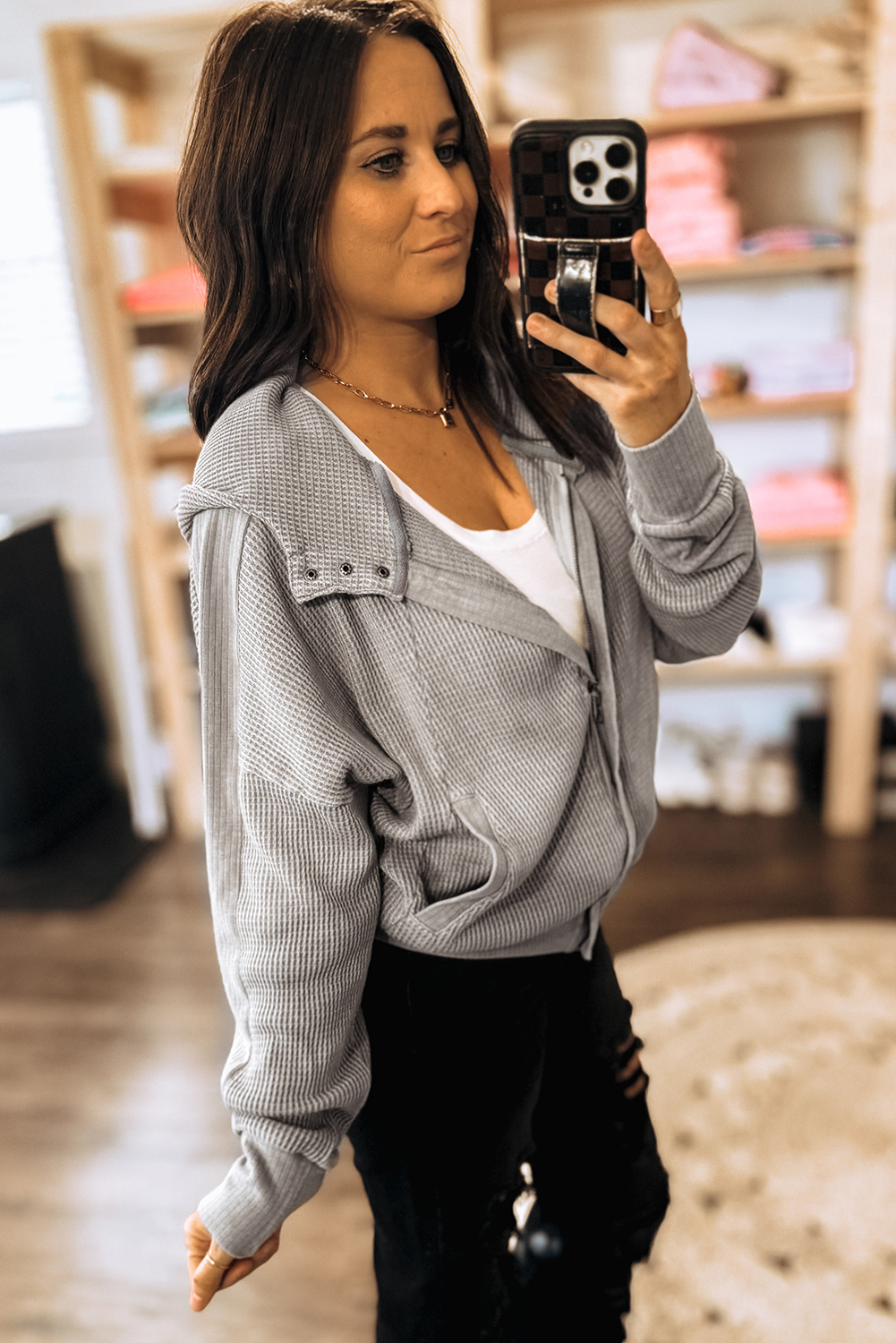 Stylish Gray Hooded Jacket with Waffle Knit and Button Front - Perfect for Fall - Detail View 2 Stylish Gray Hooded Jacket with Waffle Knit and Button Front - Perfect for Fall - Detail View 2