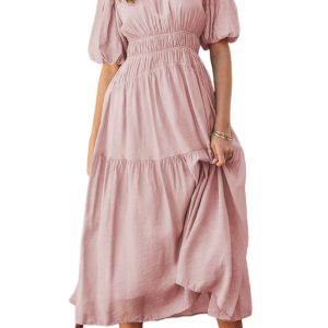 Women's Pink Puff Sleeve Pleated High Waist Flowy Long Dress - Perfect for Summer Occasions - Main View