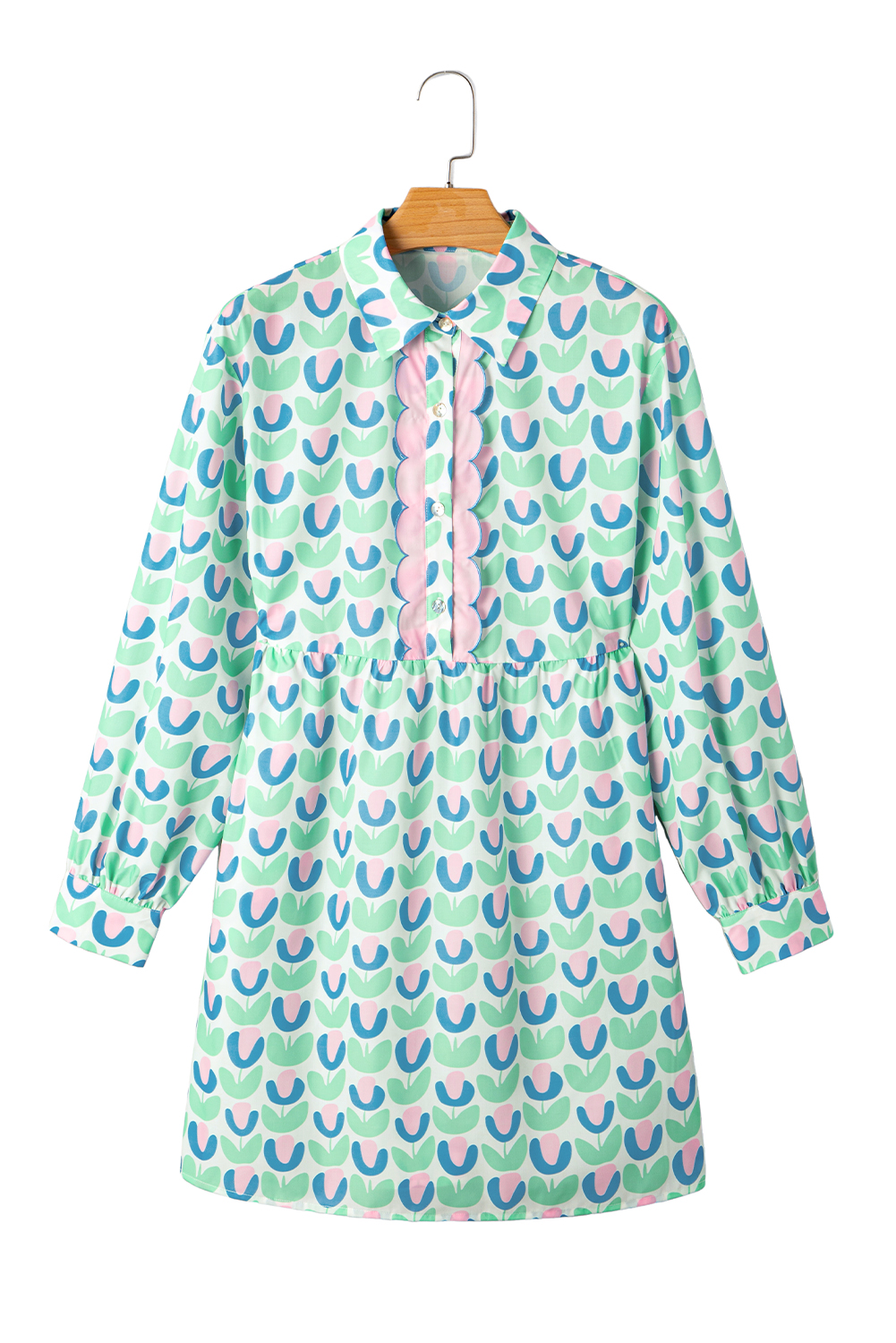 Women's Green Floral Print Notched Neck Scalloped Detail Long Sleeve Mini Dress - Detail View 49 Women's Green Floral Print Notched Neck Scalloped Detail Long Sleeve Mini Dress - Detail View 49