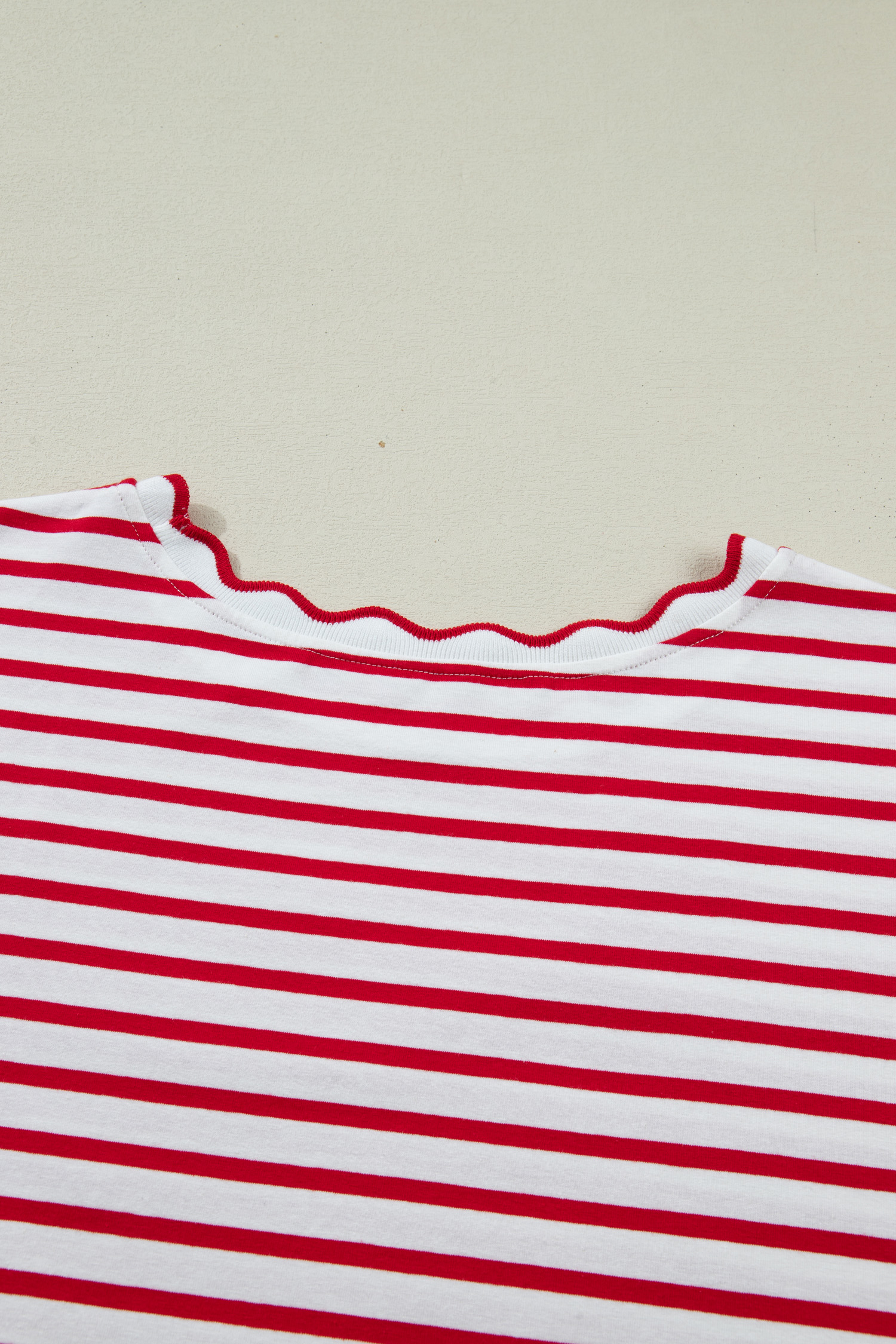Women's Red Stripe Scalloped Trim Short Sleeve Top – Casual Summer Style for Daily Wear - Detail View 10 Women's Red Stripe Scalloped Trim Short Sleeve Top – Casual Summer Style for Daily Wear - Detail View 10