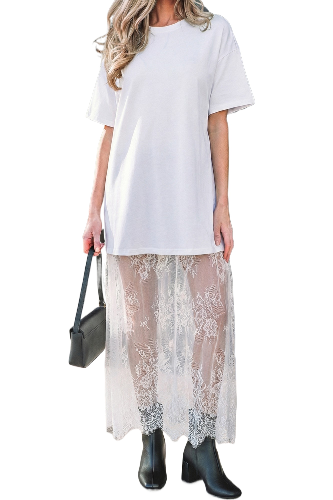 Elegant White Floral Patchwork Maxi Dress – Casual Short Sleeve Dress for Daily Wear - Main View Elegant White Floral Patchwork Maxi Dress – Casual Short Sleeve Dress for Daily Wear - Main View