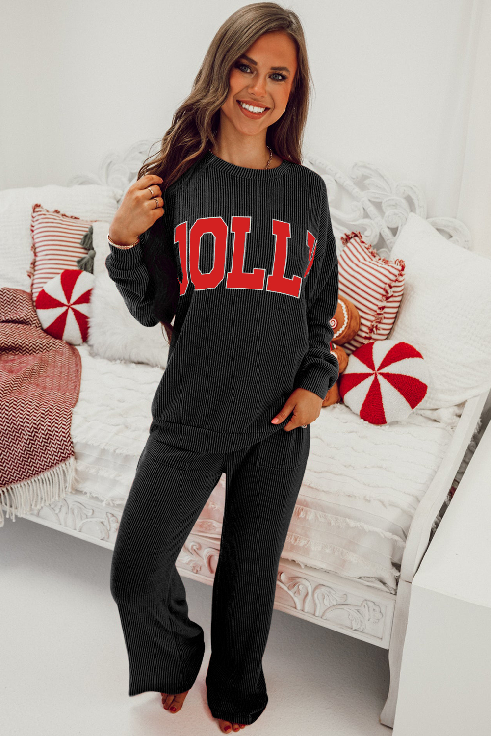 Women's Black Letter-Print Corded Top and Pocketed Pants Ensemble – Versatile Fall Outfit for Home and Everyday - Detail View 11 Women's Black Letter-Print Corded Top and Pocketed Pants Ensemble – Versatile Fall Outfit for Home and Everyday - Detail View 11