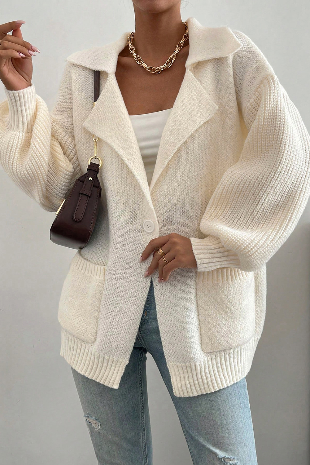 Women's Beige Knit Lapel Collar Cardigan – Casual Fall Layering Essential - Detail View 13 Women's Beige Knit Lapel Collar Cardigan – Casual Fall Layering Essential - Detail View 13