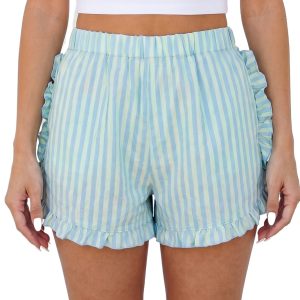 Women's Sky Blue Stripe Casual Shorts – Elastic High Waist, Ruffle Trim Pockets for Summer Daily Wear - Main View