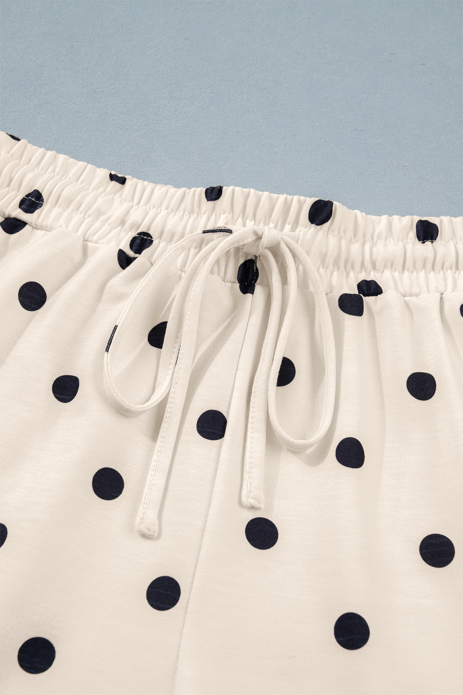 Women's Polka Dot Two Piece Lounge Set – Short Sleeve Tee and Drawstring Shorts, Casual Summer Outfit - Detail View 10 Women's Polka Dot Two Piece Lounge Set – Short Sleeve Tee and Drawstring Shorts, Casual Summer Outfit - Detail View 10
