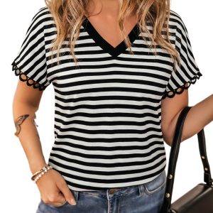 Women's Black Striped V Neck Tee – Casual Summer Top with Delicate Trim for Everyday Style - Main View