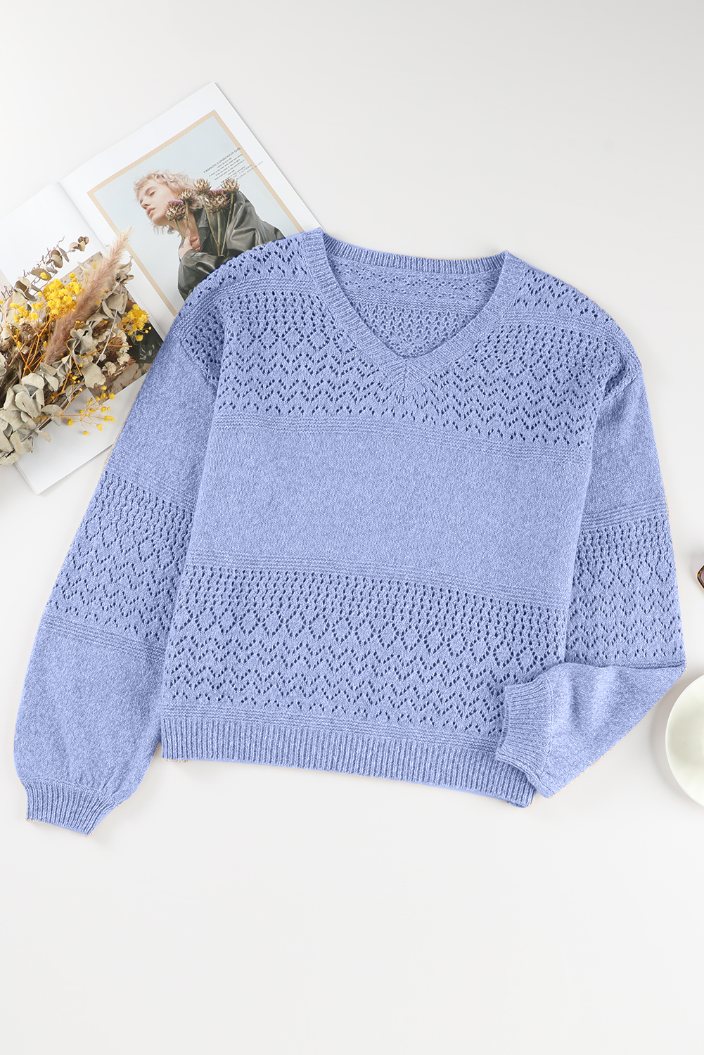 Chic and Casual Sky Blue Sweater - V Neck with Unique Eyelet Design - Detail View 10 Chic and Casual Sky Blue Sweater - V Neck with Unique Eyelet Design - Detail View 10