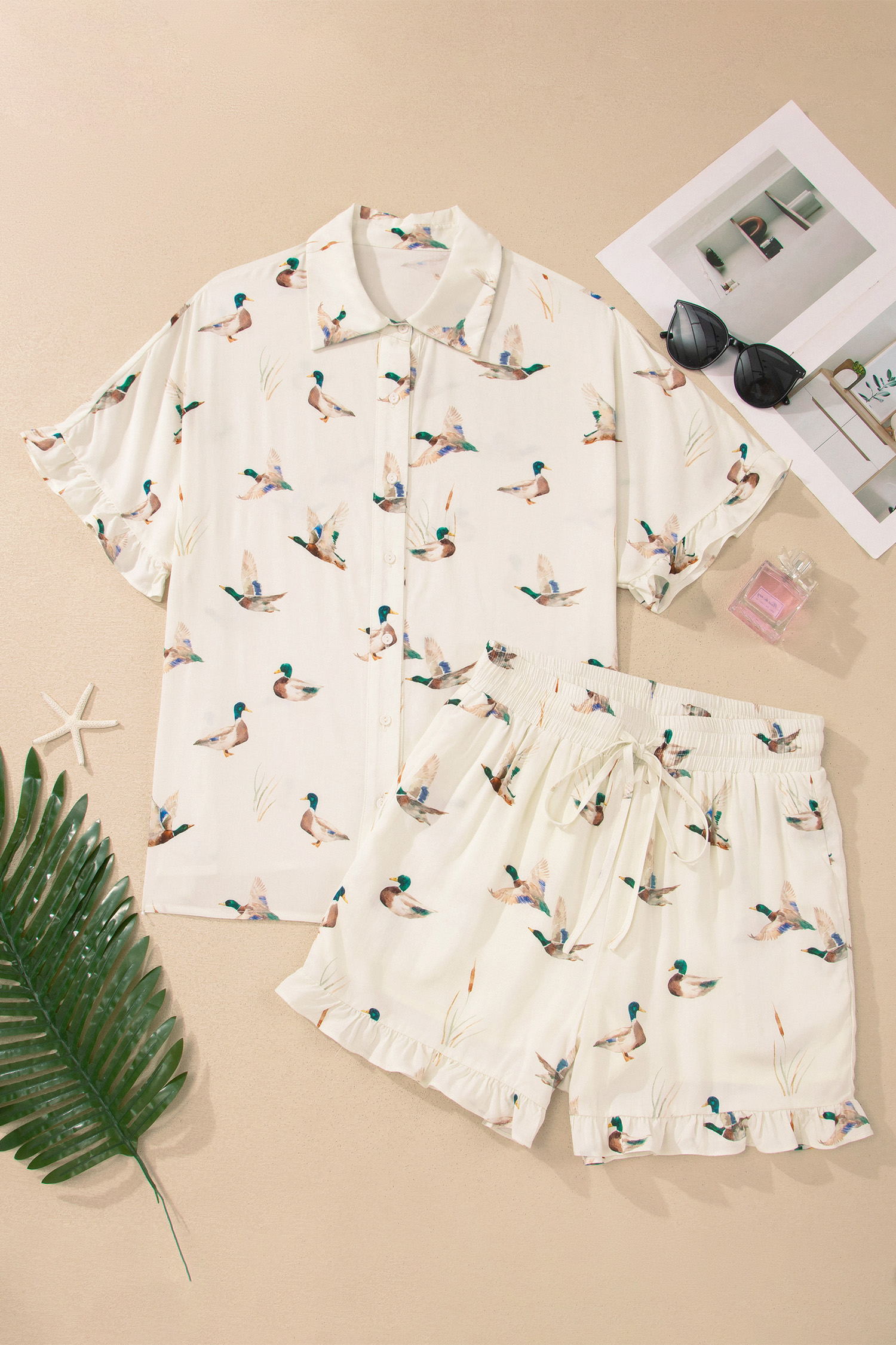 Chic Women's Beige Mallard Print Loungewear Set - 100% Viscose 2 Piece Summer Outfit - Detail View 3 Chic Women's Beige Mallard Print Loungewear Set - 100% Viscose 2 Piece Summer Outfit - Detail View 3