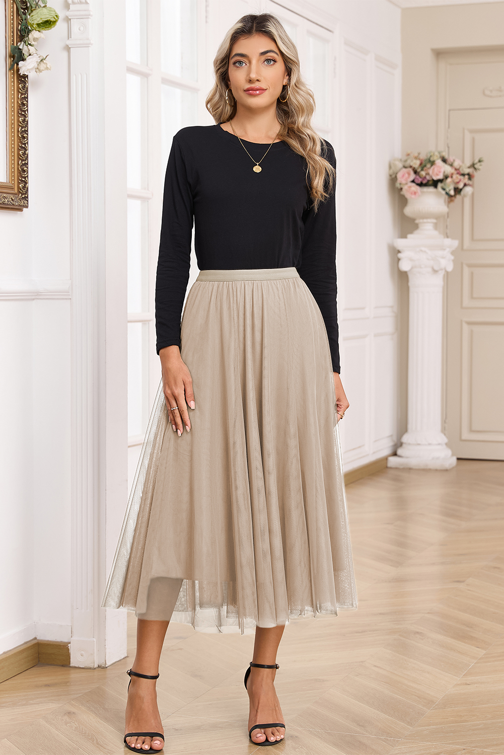 Women's Casual Apricot Tulle Long Skirt – Sheer Mesh Overlay Flared Midi Skirt for Daily Wear - Detail View 3 Women's Casual Apricot Tulle Long Skirt – Sheer Mesh Overlay Flared Midi Skirt for Daily Wear - Detail View 3