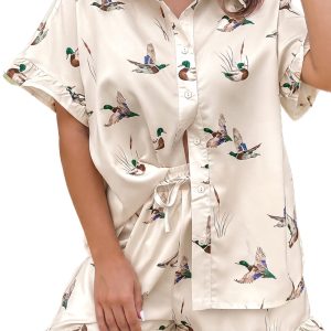 Women's Mallard Print Short Two Piece Set – Beige Viscose Shirt and High Waist Shorts - Main View