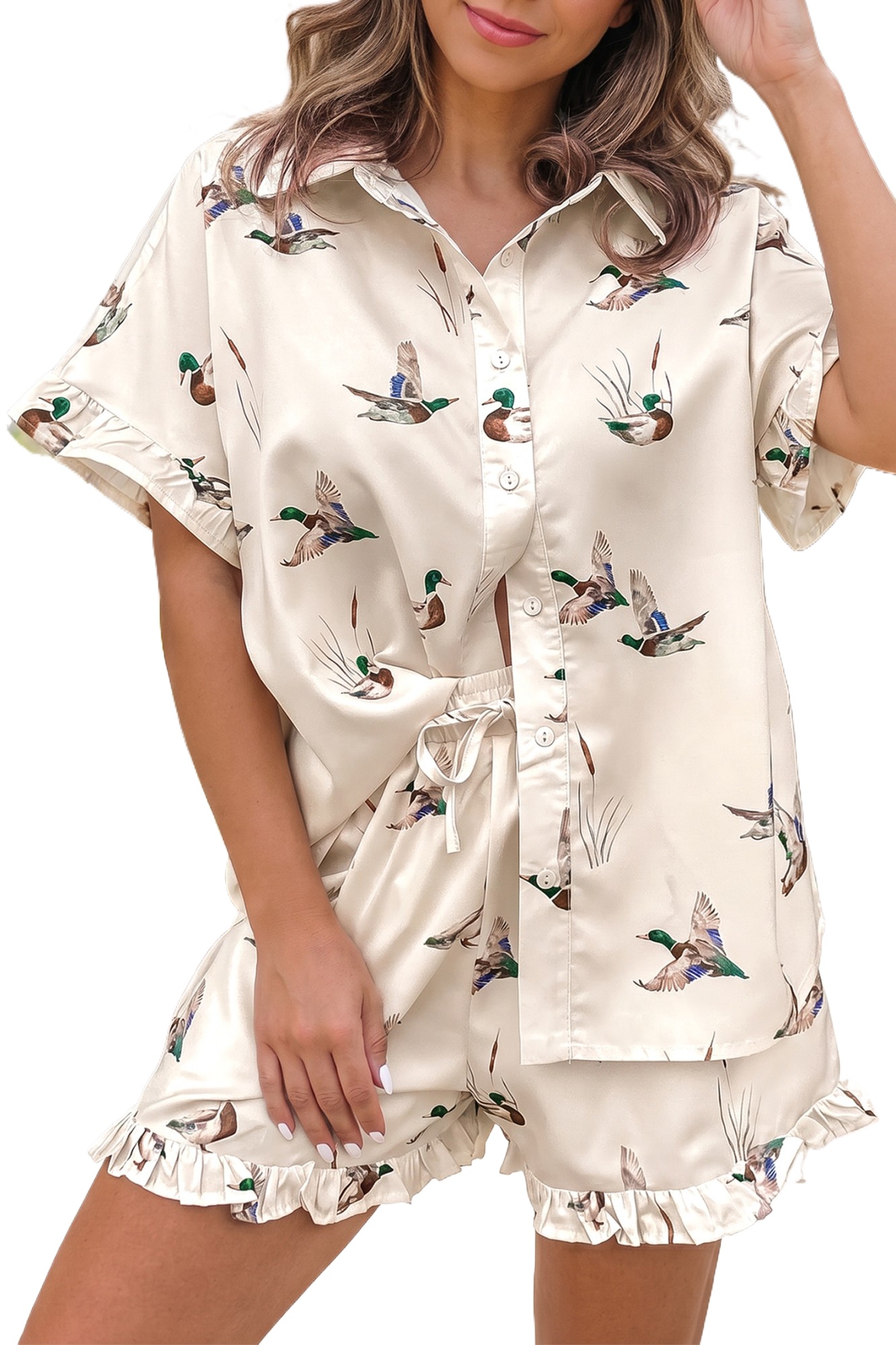 Women's Mallard Print Short Two Piece Set – Beige Viscose Shirt and High Waist Shorts - Main View Women's Mallard Print Short Two Piece Set – Beige Viscose Shirt and High Waist Shorts - Main View