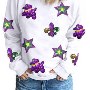 Women's White Sequin Mardi Gras Graphic Crewneck Sweatshirt - Fun & Casual Style - Main View