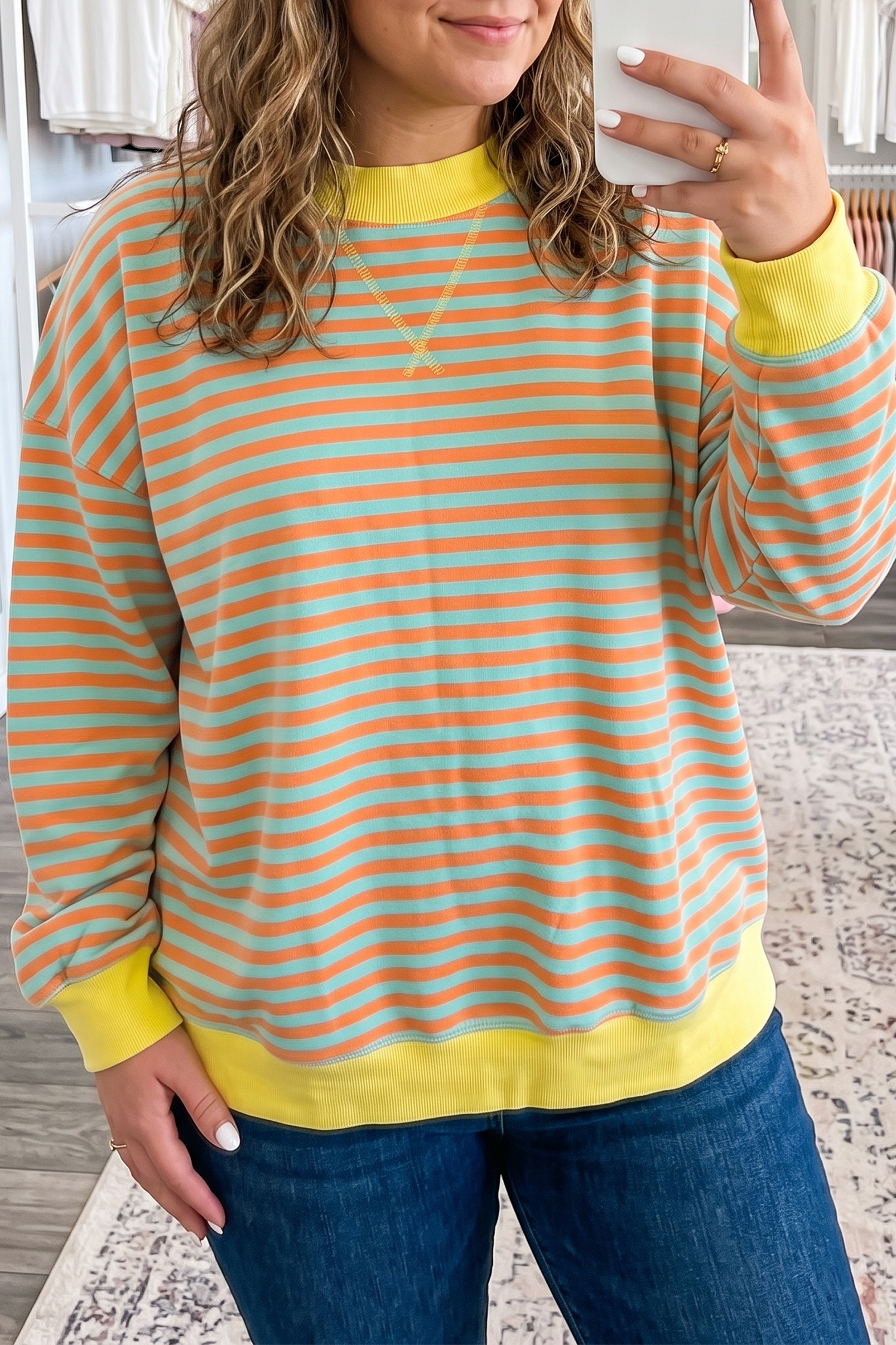Colorblock Striped Pullover, Soft Cotton Blend Daily Sweater - Detail View 2 Colorblock Striped Pullover, Soft Cotton Blend Daily Sweater - Detail View 2