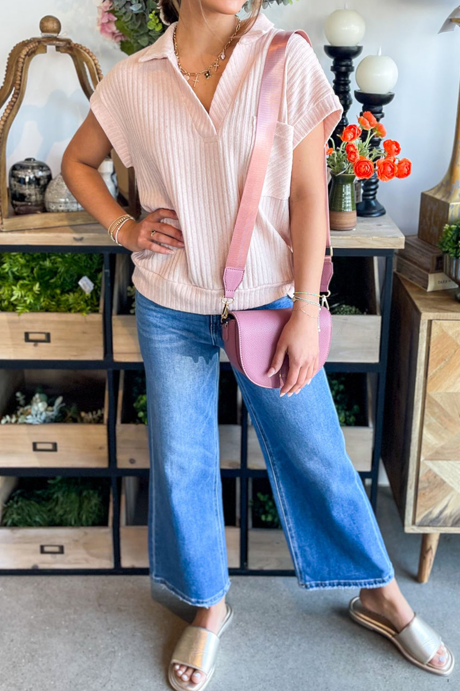 Light Pink Ribbed V Neck Tee for Women – Casual Short Sleeve Top for Summer Days - Detail View 7 Light Pink Ribbed V Neck Tee for Women – Casual Short Sleeve Top for Summer Days - Detail View 7