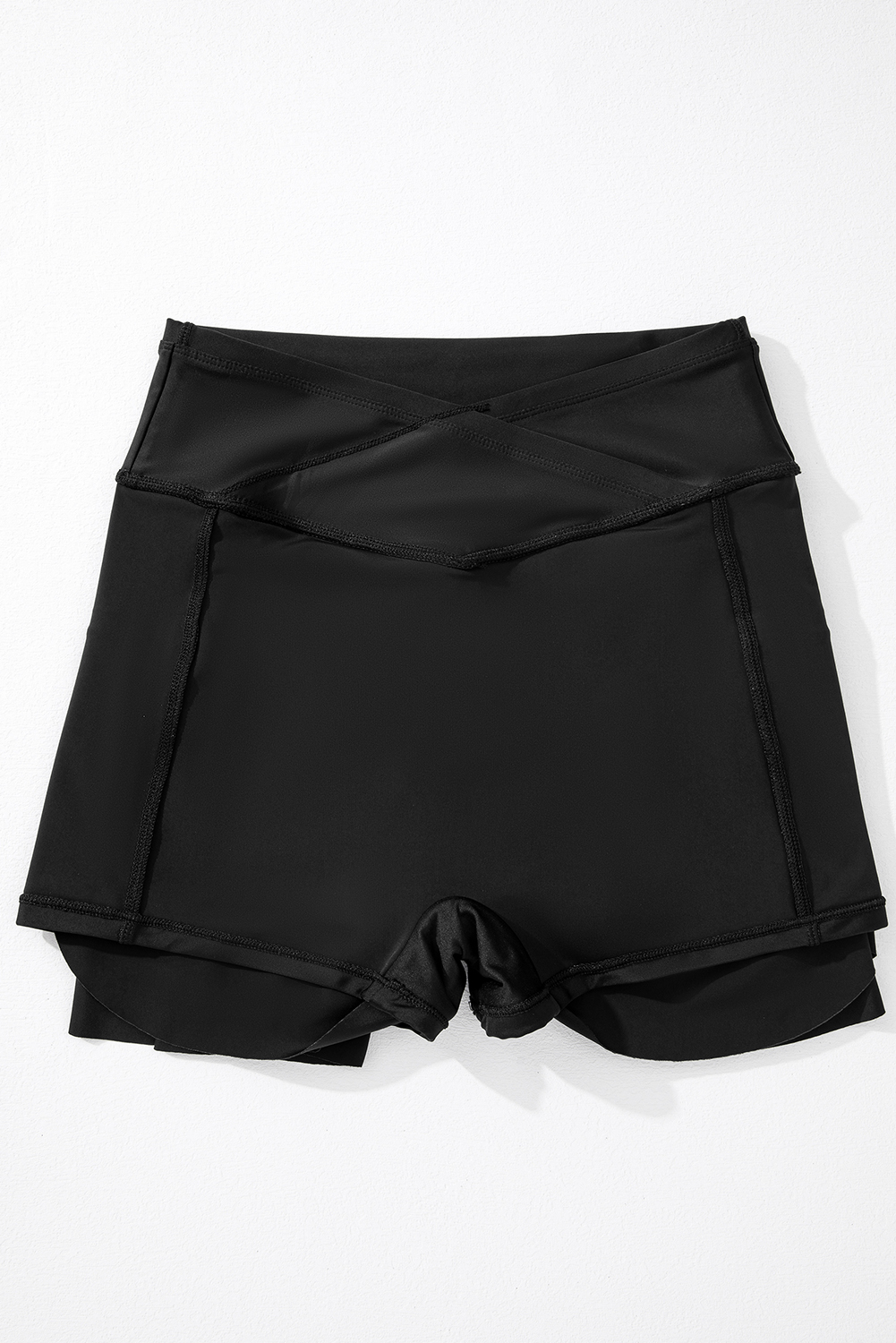 Women's Black Solid Pocketed Crossover High Waist Swim Skort - Detail View 13 Women's Black Solid Pocketed Crossover High Waist Swim Skort - Detail View 13