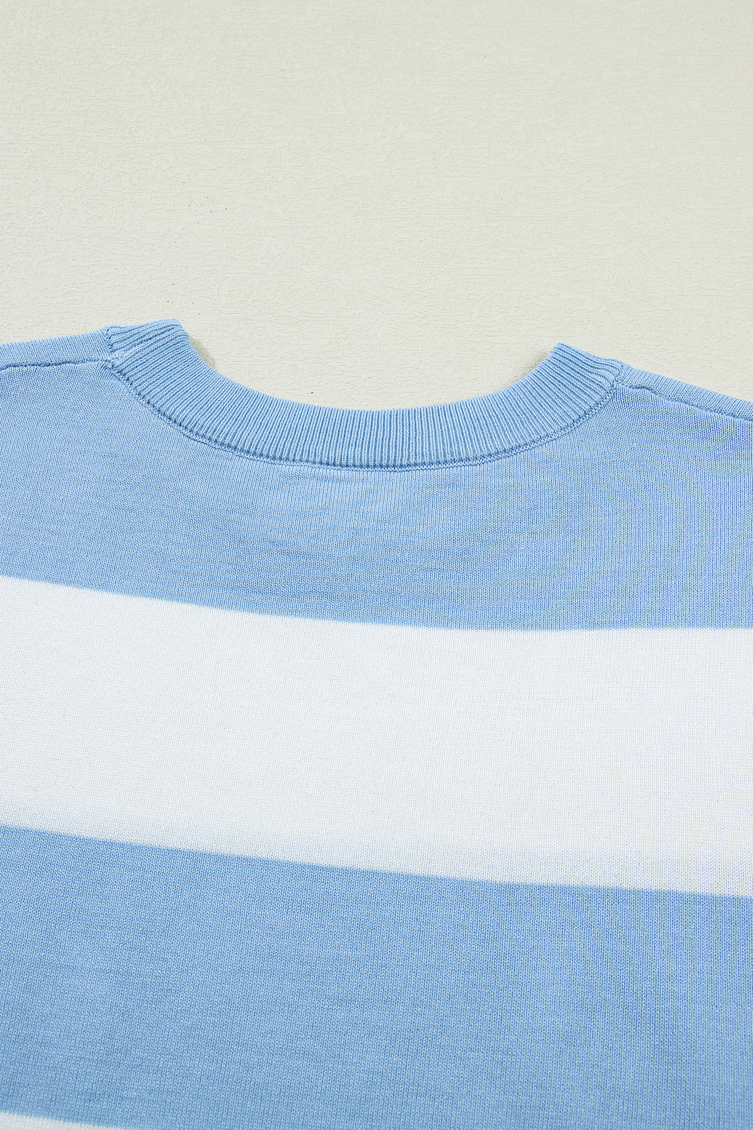 Sky Blue Stripe Colorblock Knitted T-Shirt for Women – Casual Summer Essential - Detail View 10 Sky Blue Stripe Colorblock Knitted T-Shirt for Women – Casual Summer Essential - Detail View 10