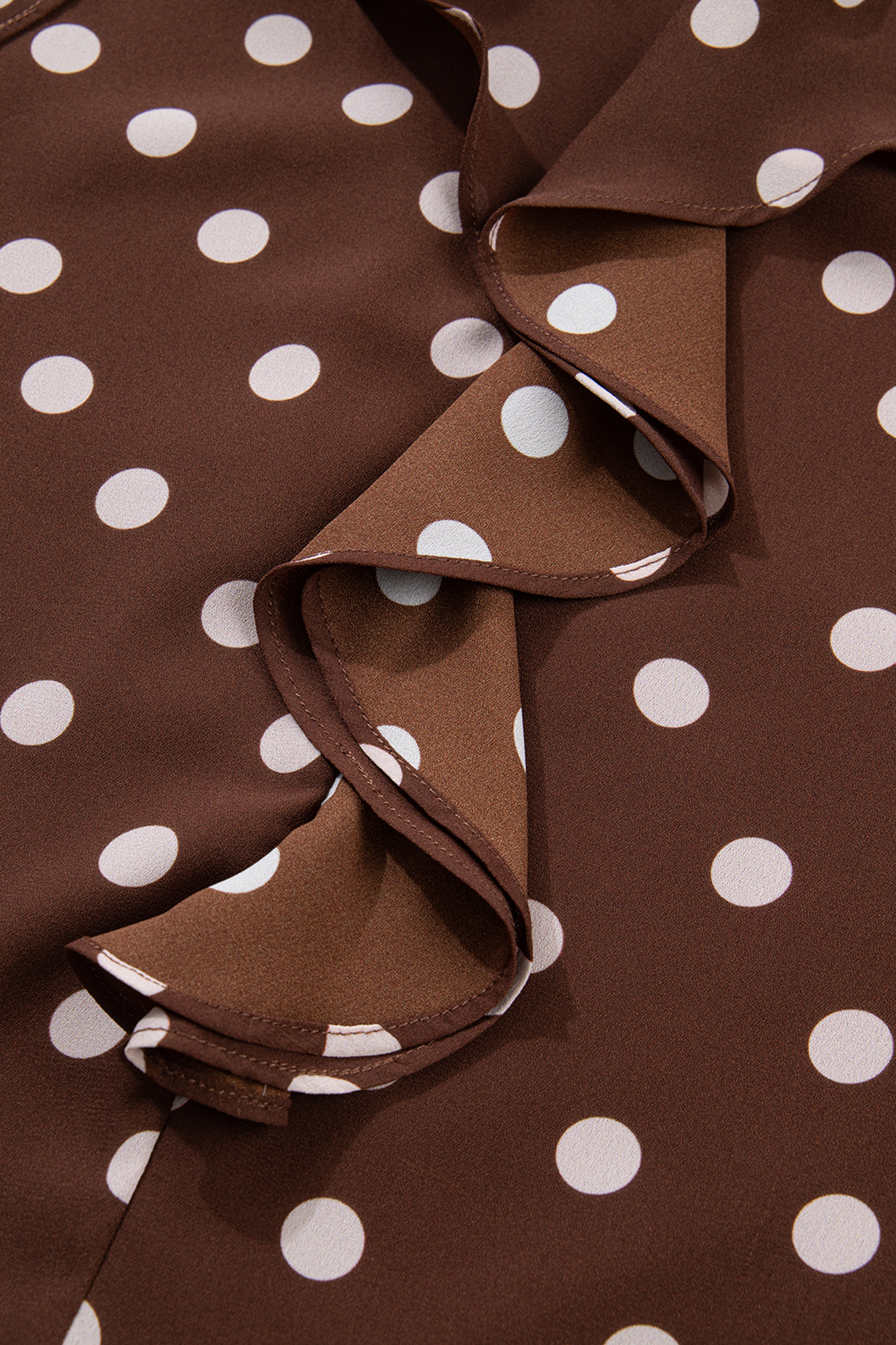 Elegant Women's V Neck Polka Dot Blouse – Coffee Print Ruffle Trim Long Sleeve Top for Spring - Detail View 12 Elegant Women's V Neck Polka Dot Blouse – Coffee Print Ruffle Trim Long Sleeve Top for Spring - Detail View 12