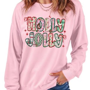 Women's Pink Holly Jolly Holiday Sweatshirt – Cute Christmas Graphic with Bow Detail for Daily Comfort - Main View