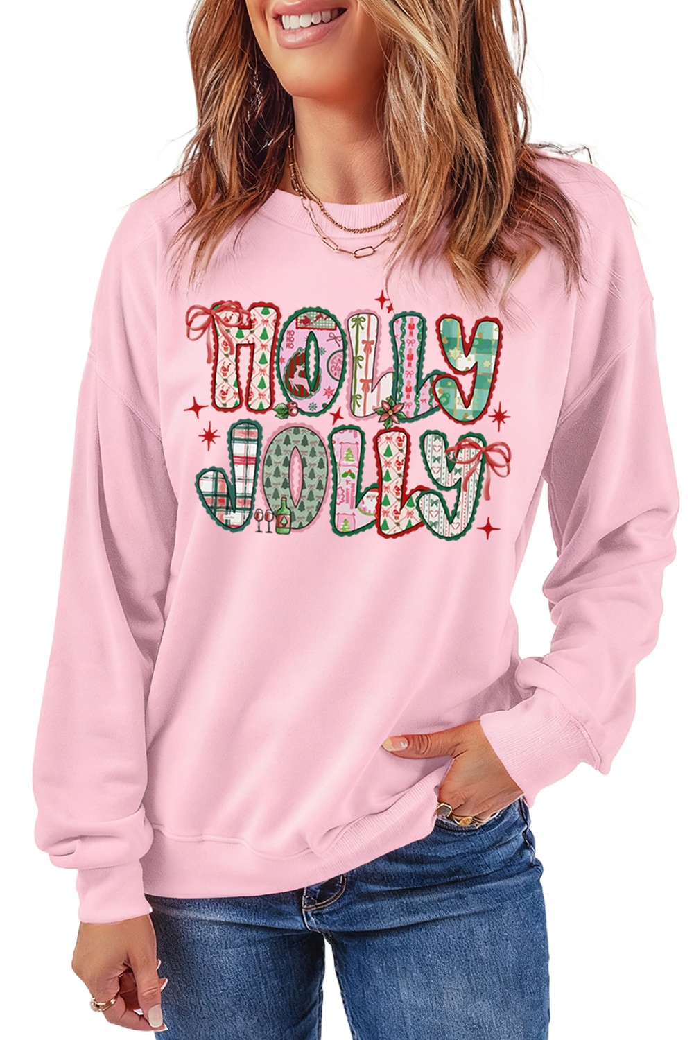 Women's Pink Holly Jolly Holiday Sweatshirt – Cute Christmas Graphic with Bow Detail for Daily Comfort - Main View Women's Pink Holly Jolly Holiday Sweatshirt – Cute Christmas Graphic with Bow Detail for Daily Comfort - Main View