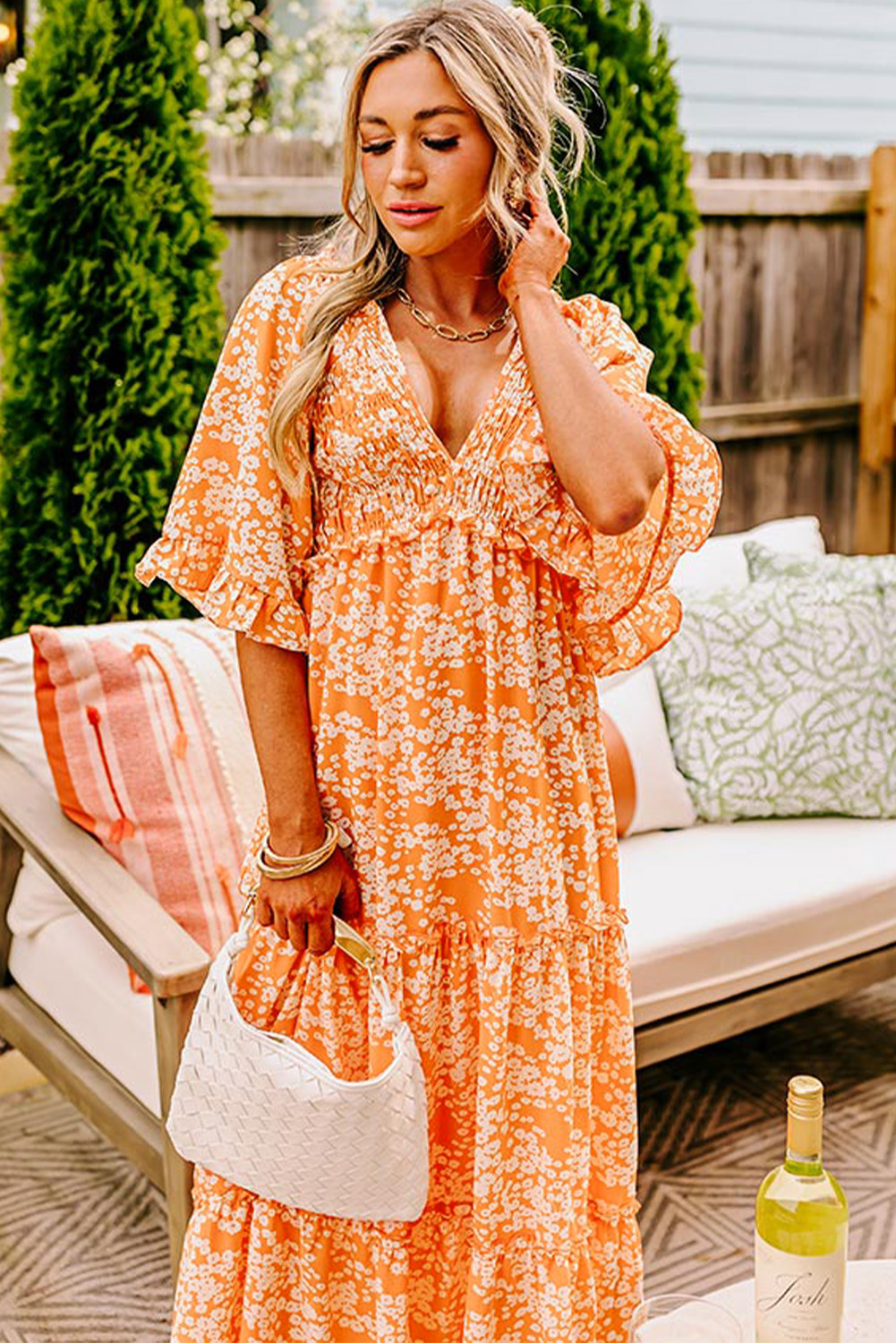 Elegant Bohemian Style Floral Maxi Dress with Smocked V Neck and Wide Sleeves - Detail View 6 Elegant Bohemian Style Floral Maxi Dress with Smocked V Neck and Wide Sleeves - Detail View 6