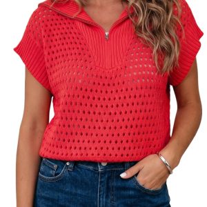 Women's Red Knit Top, Casual Short Sleeve Zipper Sweater - Main View