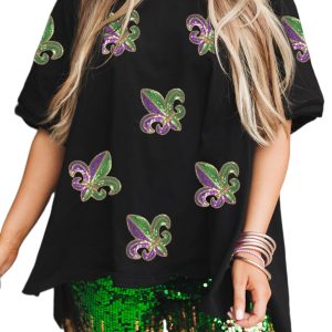Women's Black Sequin Mardi Gras Fleur De Lis Oversized T-Shirt – Perfect for Celebrations - Main View