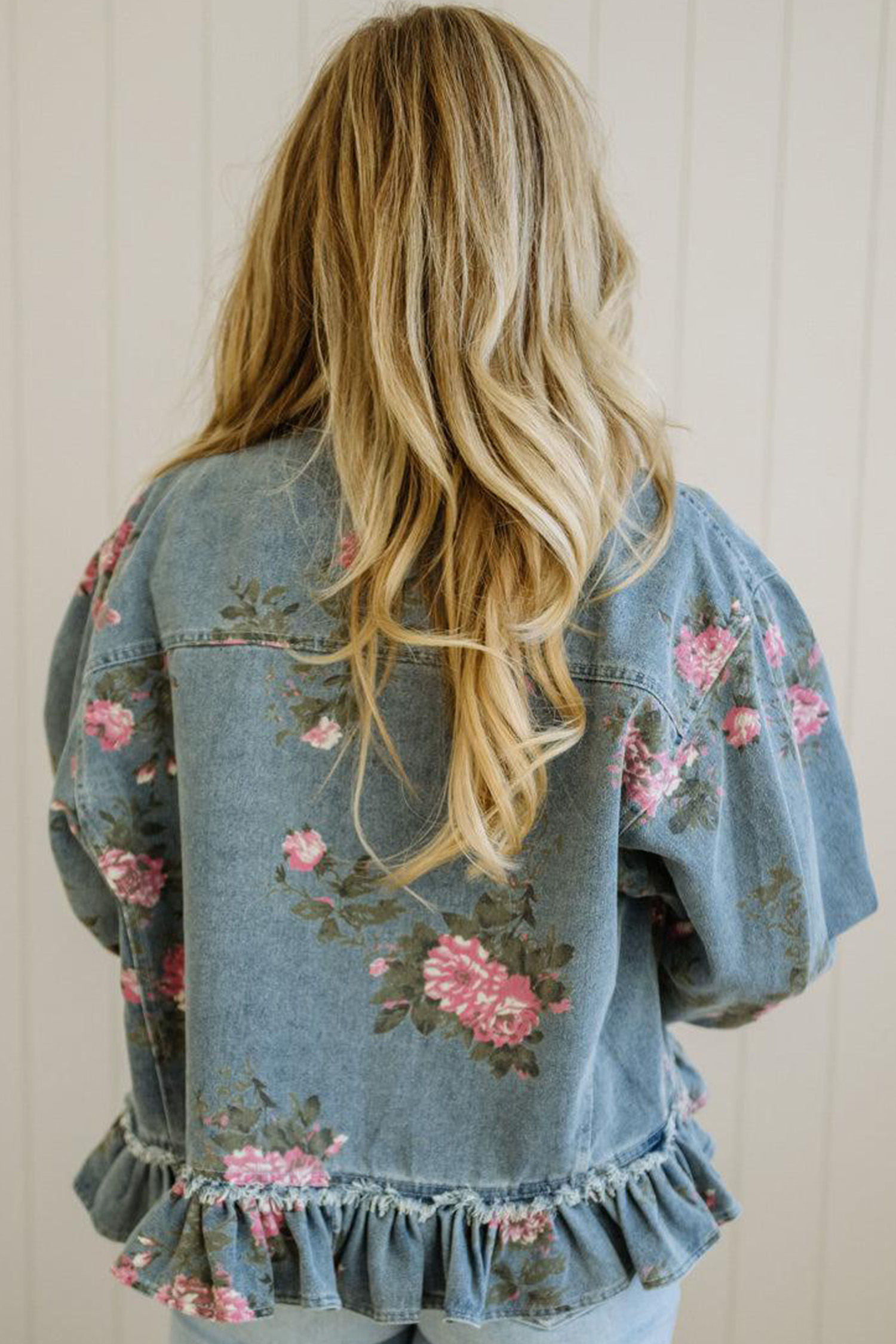 Sky Blue Floral Jean Jacket, Button Down Raw Seam Outwear - Detail View 14 Sky Blue Floral Jean Jacket, Button Down Raw Seam Outwear - Detail View 14
