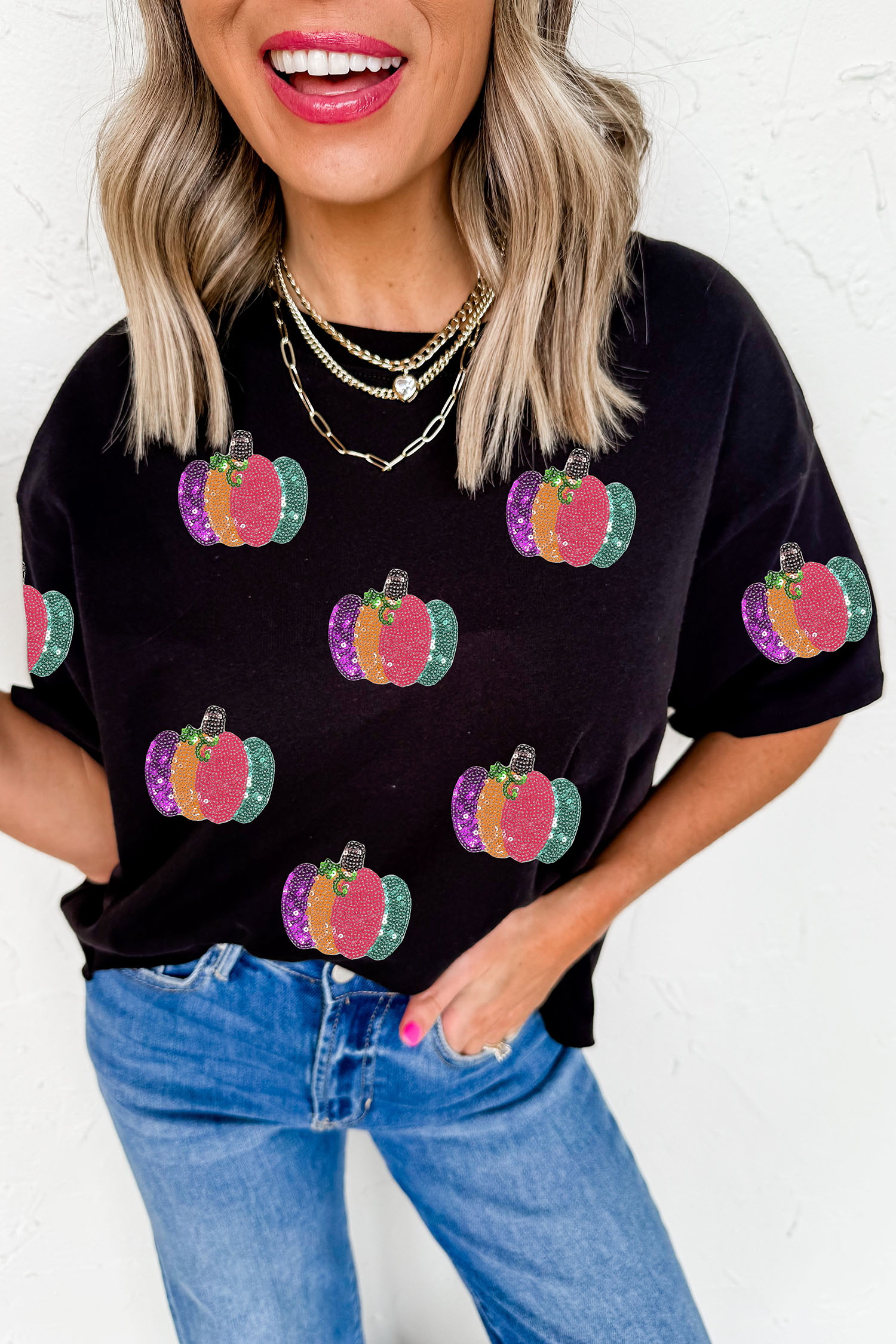 Women's Pumpkin Graphic T Shirt, Black Sequin Fall Casual Top - Detail View 7 Women's Pumpkin Graphic T Shirt, Black Sequin Fall Casual Top - Detail View 7