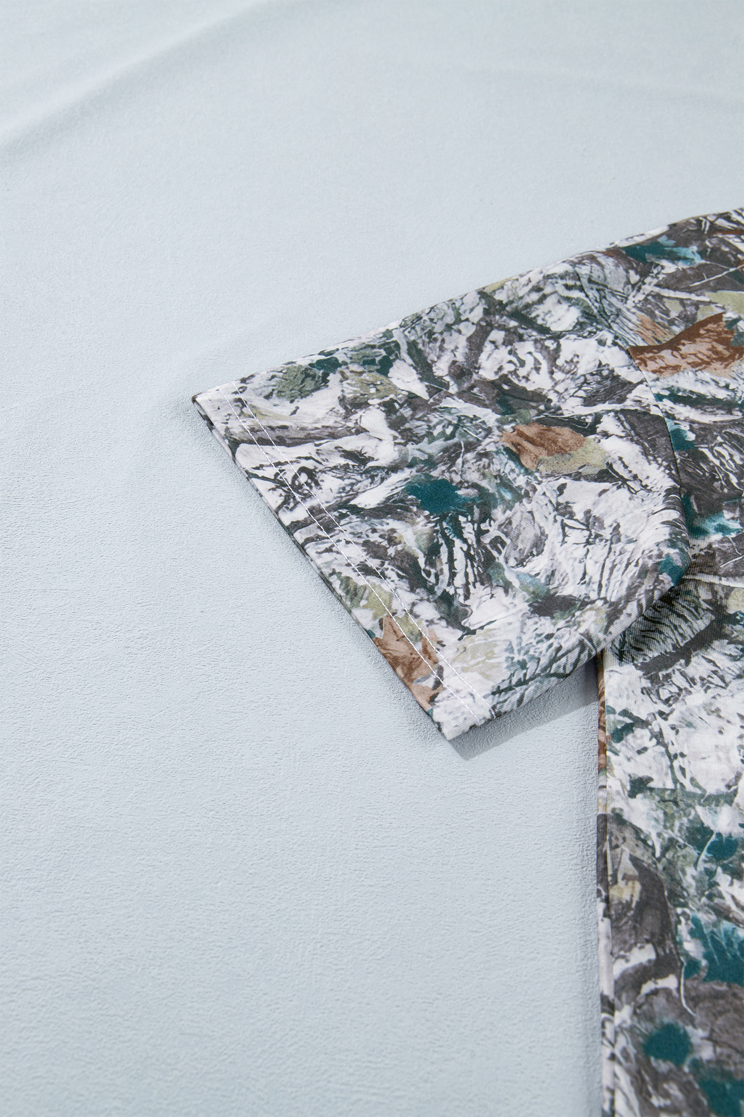 Women's Gray Abstract Woodland Henley – Short Sleeve Button Detail Shift Tunic Shirt - Detail View 10 Women's Gray Abstract Woodland Henley – Short Sleeve Button Detail Shift Tunic Shirt - Detail View 10